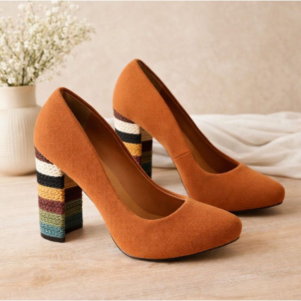 Nine West Heels Tan Canvas Pumps Chunky Braided Boho Shoes w/Box Sz 6.5 M
